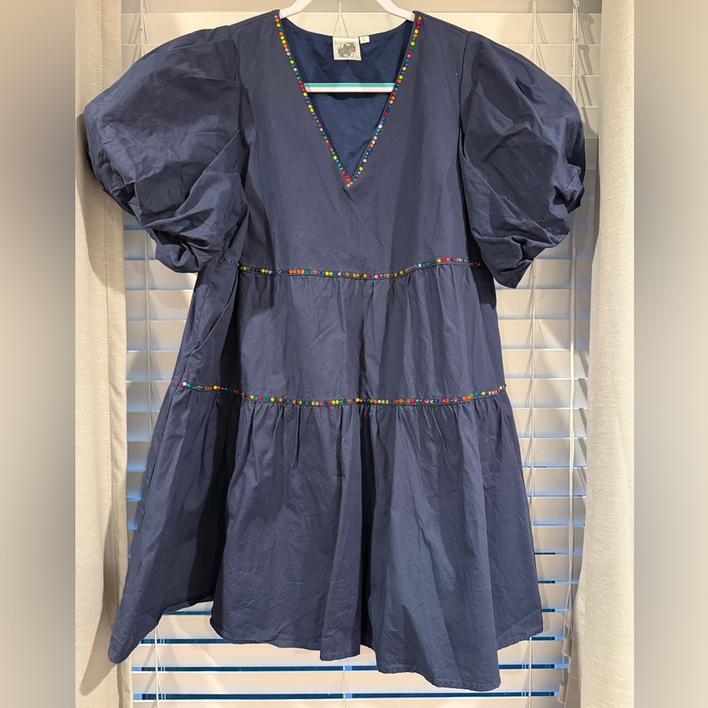 QUEEN OF SPARKLES Navy Puff-Sleeve Tiered Dress with Multicolor Bead Trim